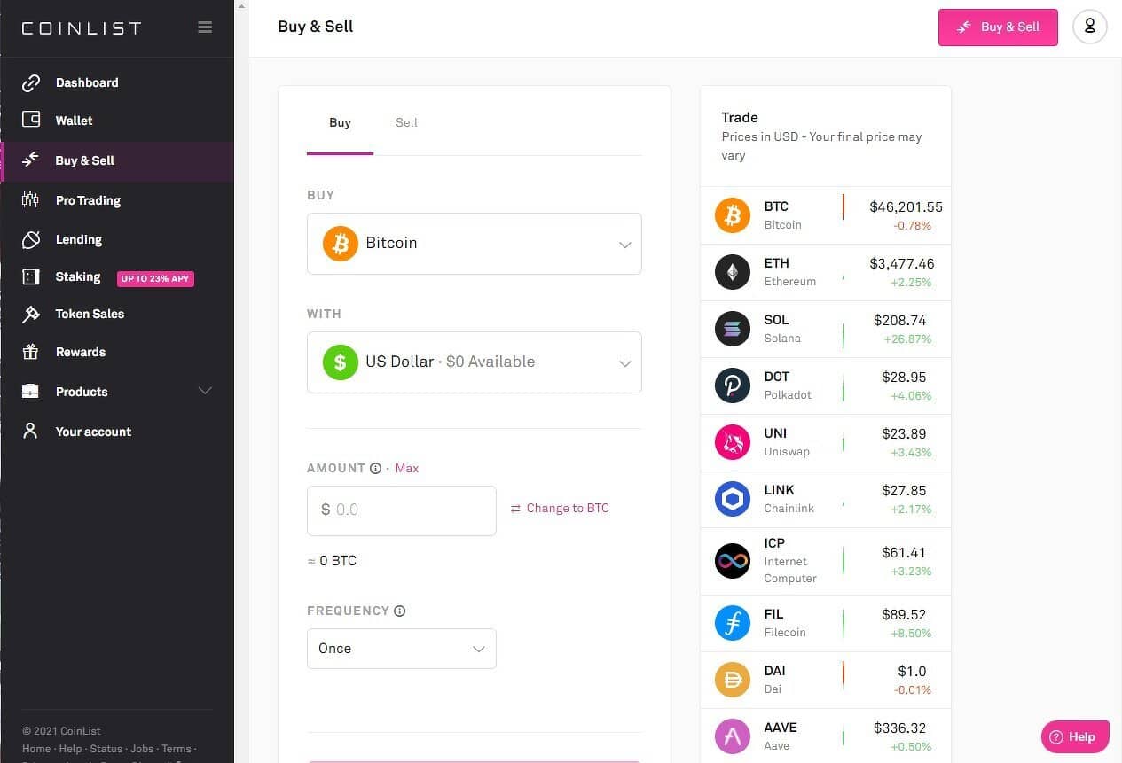 Buy and sell on the Coinlist site