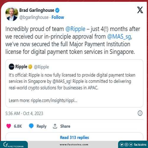 توییت گارلینگهاوس درباره مجوز ریپل در سنگاپور